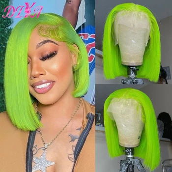 Light Lime Green Bob Wig Human Hair 13x4 Frontal Lace Wig Human Hair Pre Plucked HD Lace Bob Straight Colored Human Hair Wigs 1