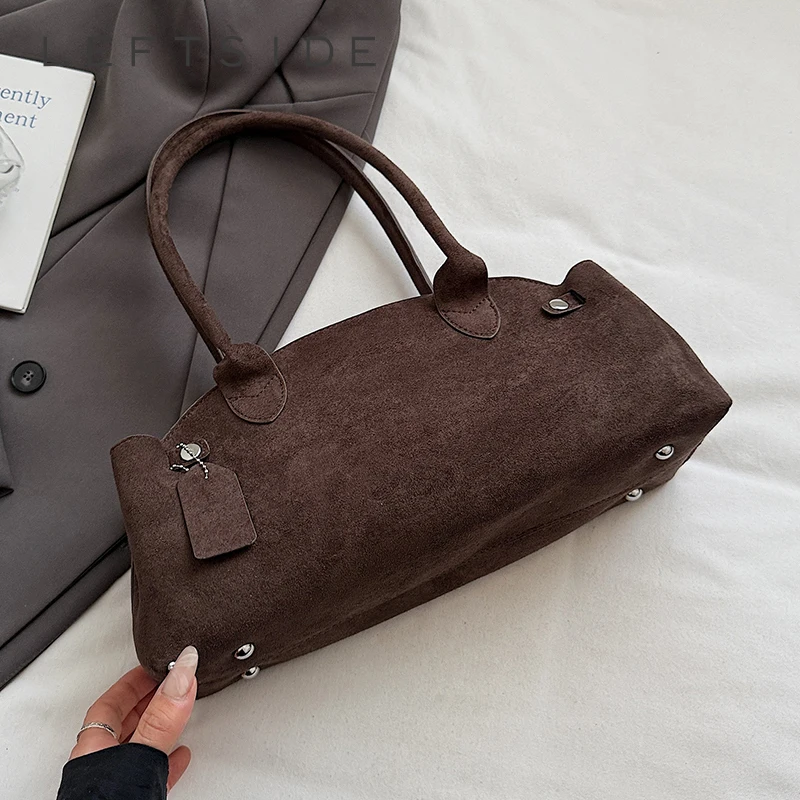 LEFTSIDE Women Faux Suede Armpit Shoulder Bag 2025 Winter New Fashion Retro Short Handle Underarm Bag Luxury Designer Handbags 1
