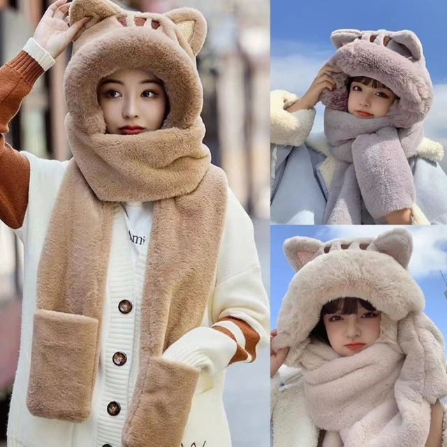 Écharpe à capuche en peluche avec poche, ensemble de gants, écharpe d'hiver,  bonnet, oreille de