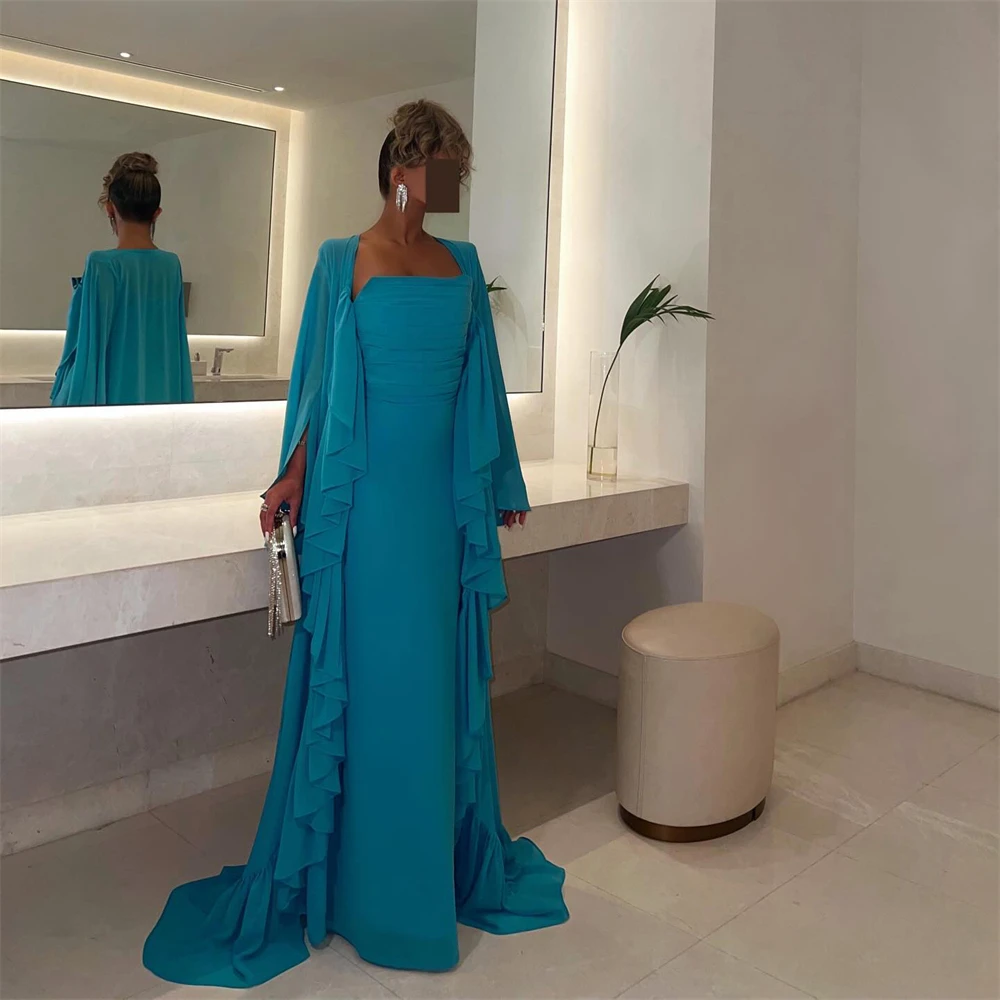 

Tarot Saudi Arabia Blue Chiffon Boat-Neck Prom Dresses Straight Pleated Evening Gowns Floor-Length Wedding Guest Dress For Women