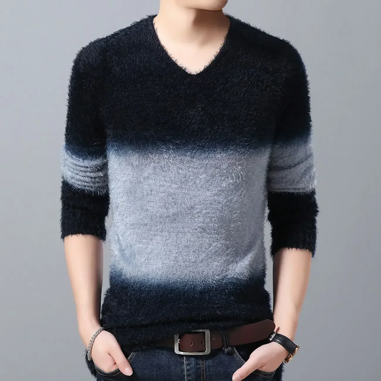 

Knit Sweater Male Spliced Blue Smooth Pullovers Men's Clothing V Neck Large Big Size Best Selling Products 2023 New in Trend Fun