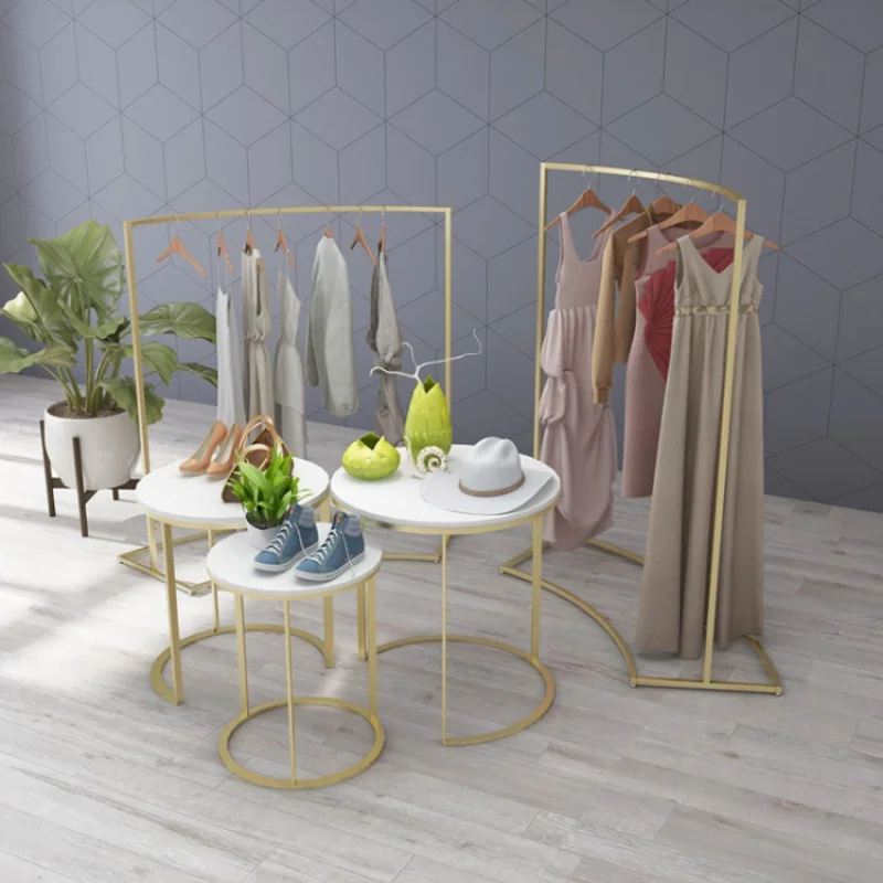 

Custom, European Gold Apparel Clothing Store Shop Fitting Shoe Bag Garment Display Rack Stand Nesting Table Set