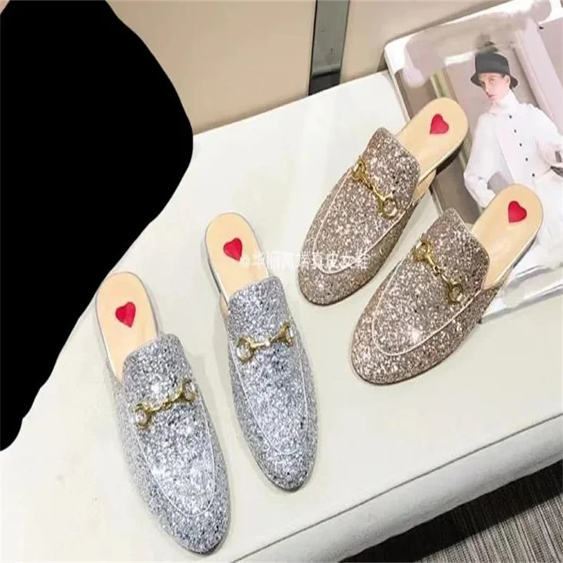 2024 new Spring Summer Street Buckle Baotou lady slippers wearing leather Muller flat slippers