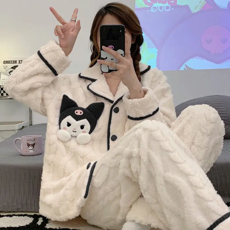 

Милая женская пижама Sanrio Kuromi осень-зима с длинным рукавом коралловый бархат утолщенный плюшевый студенческий зимний домашний костюм