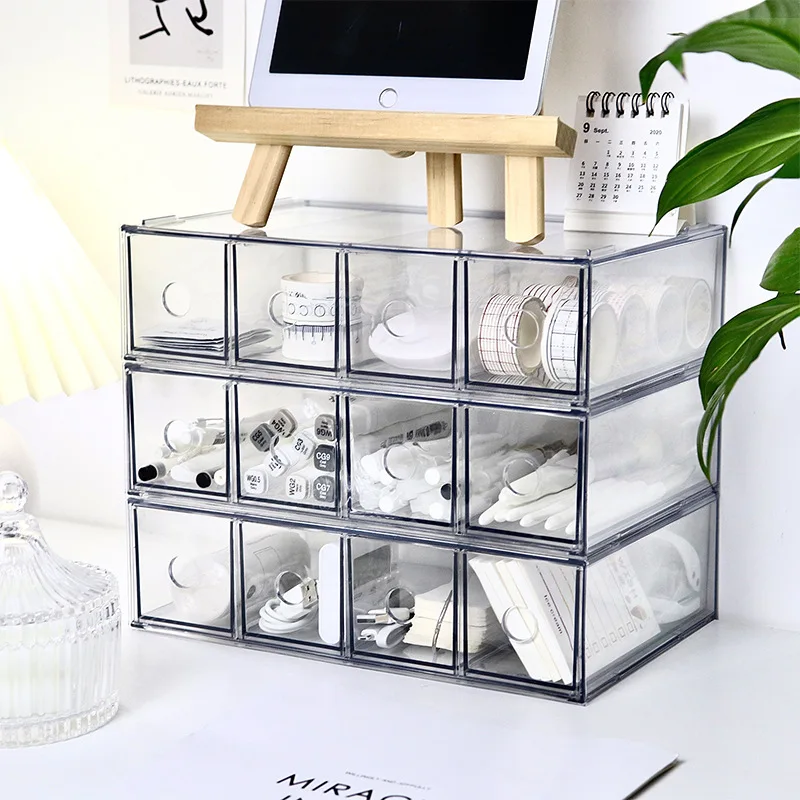 

Multi-compartment Stationery Storage Box Drawer Type Multifunctional Stacking Storage Rack Transparent Markers Cosmetics Storage