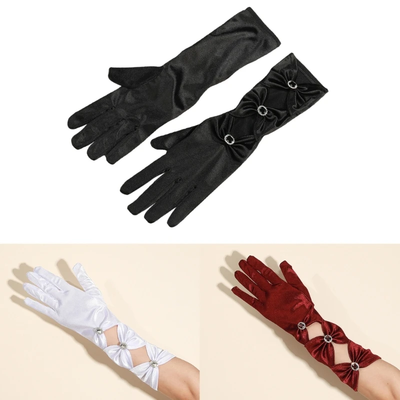 

Satins Gloves Evening Party Gloves with Black Diamonds Bachelorette Party Gloves