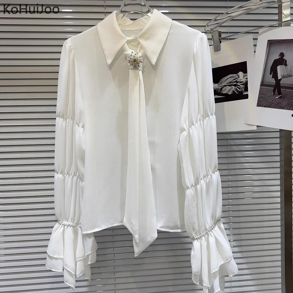 

2024 Solid Chiffon Blouse Women Spring Autumn Long Sleeve Elegant Office Ladies Pearl Buckle Tie Chiffon Shirts Female Blusas