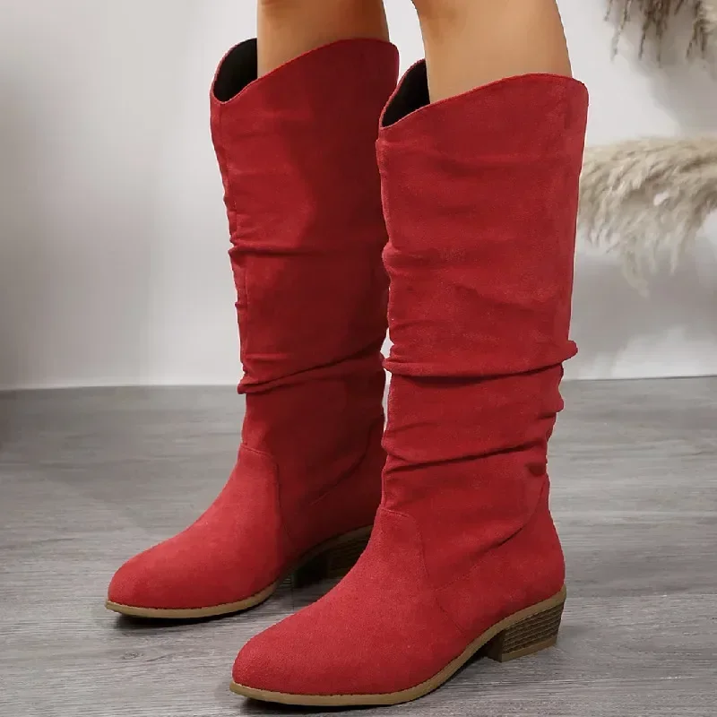 Mulheres botas de camurça de pele moda plissado cunha botas longas