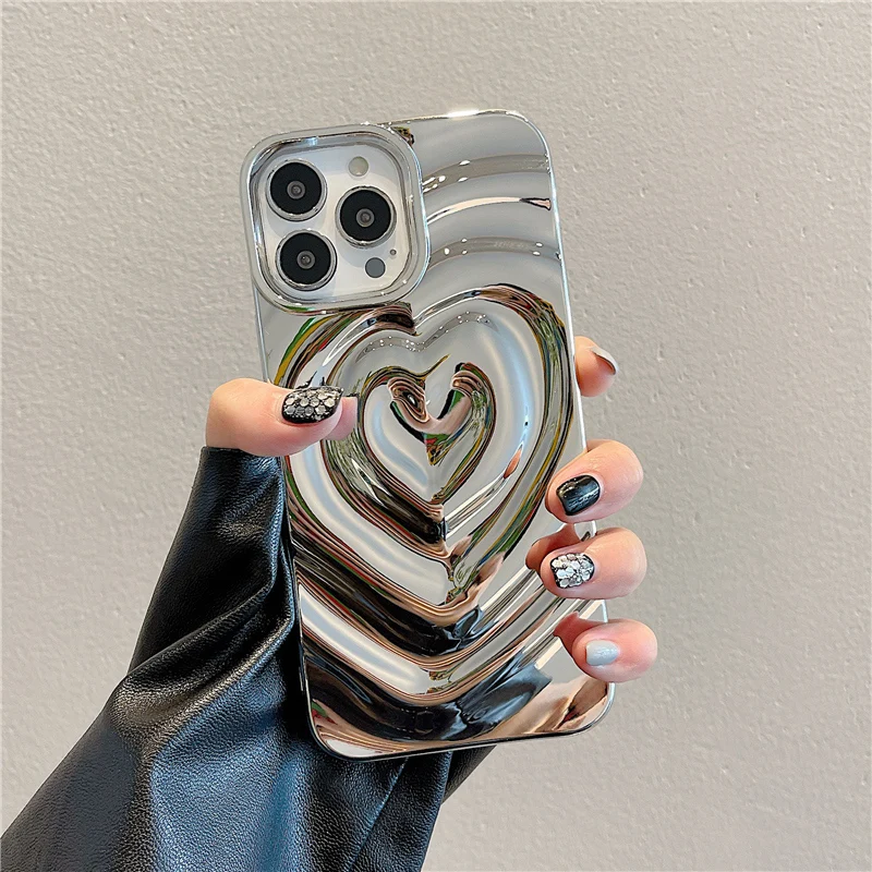 

Luxury Electroplating Silver 3D Love Heart Water Ripple Phone Case For IPhone 11 13 12 14 Pro Max Retro Couples Shockproof Cover
