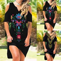 Summer Womens Vintage Off Shoulder Boho Dress Casual Short Sleeve Floral Printed Hollow Out Dress Elegant Party Beach Sundress - Image 3