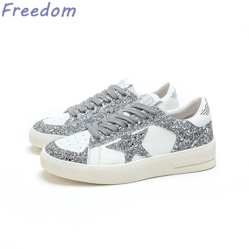 

Genuine leather star white shoes for women spring and autumn new versatile round toe lace-up low-cut casual flat shoes