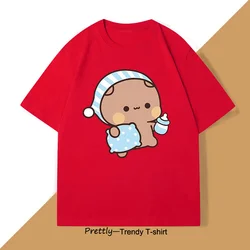 Adorable Bubu Dudu Sleepy Panda & Bear Graphic Cotton T - Shirt - XXXL (Red)