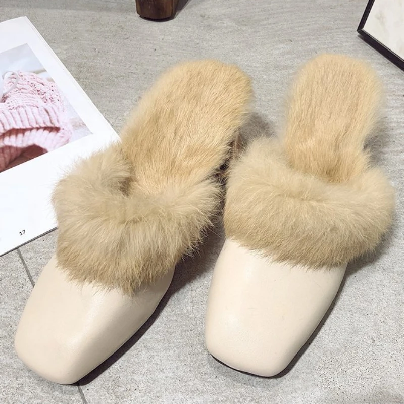 

Женские меховые тапочки на толстом каблуке 6 см, теплые шлепанцы с квадратным носком, удобная обувь на высоком каблуке, Осень-зима 2024