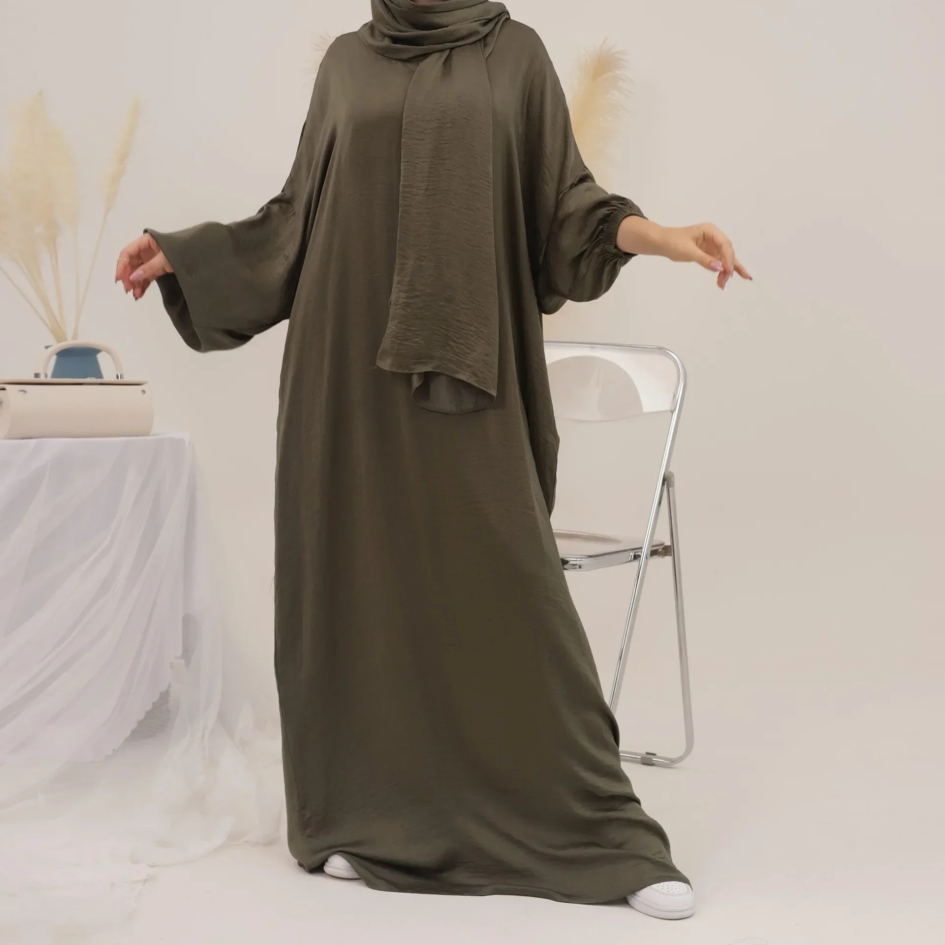Jilbabs for Women Veiled Abaya with Integrated Hijab Scarf Balloon Sleeves Muslim Prayer Dress Ramadan Eid Islamic Clothes Dubai
