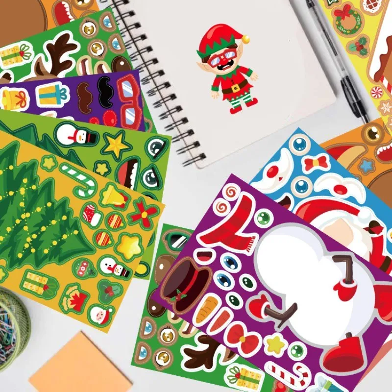 8-48 Sheets Christmas Children DIY Puzzle Sticker Games Unicorn Make A Face Funny Assemble Jigsaw Stickers Kids Educational Toys