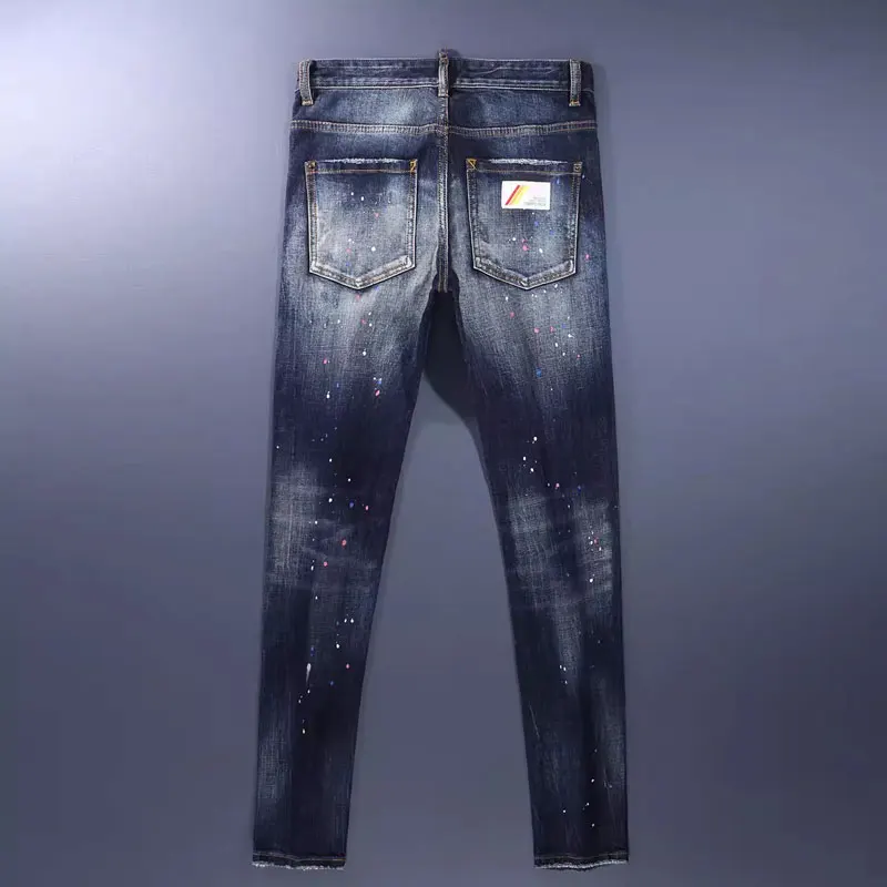 High Street Fashion Men Jeans Retro Blue Stretch Slim Fit Painted Ripped Jeans Men Patched Designer Hip Hop Brand Pants Hombre