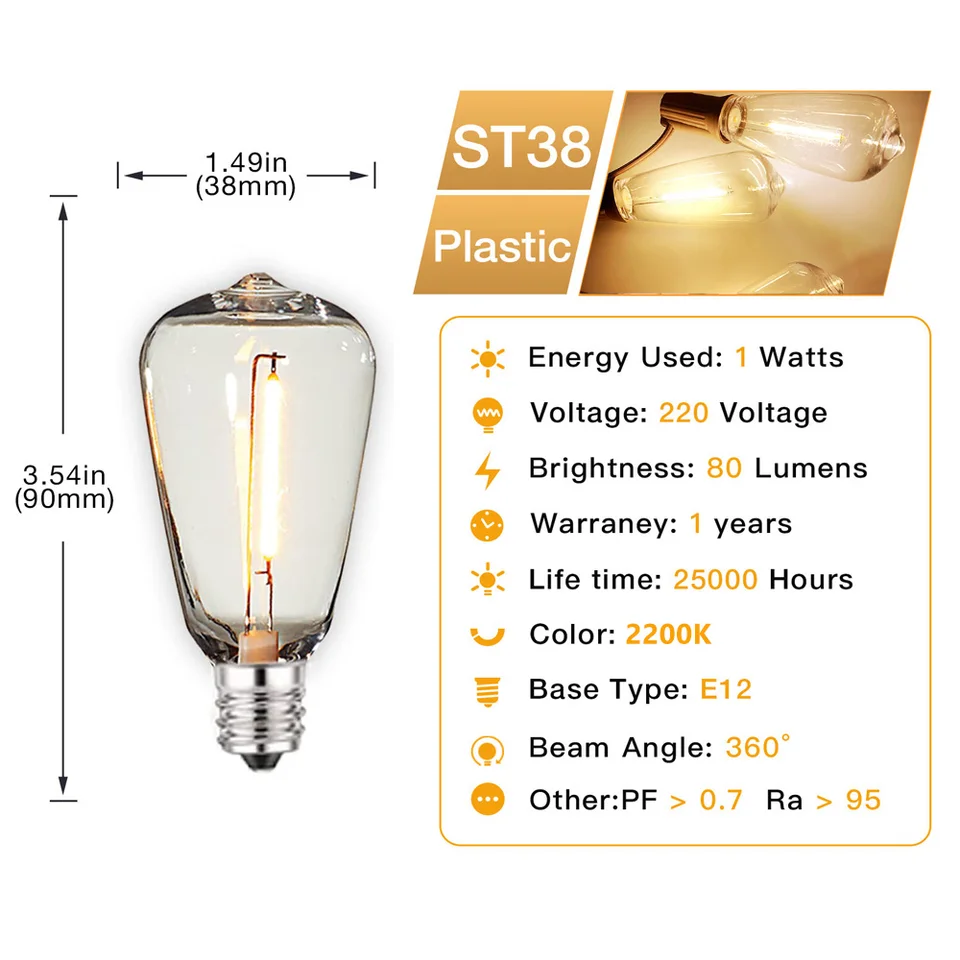 4 Lampadine LED Edison ST38 E12 A Forma Di Globo - 1W Bianco Caldo 2200K, Infrangibili In Plastica, Per Luci Da Esterno - 2
