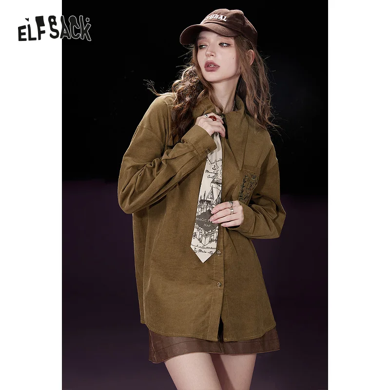 ELFSACK Free Tie Corduroy Blouses Women 2023 Winter New Long Sleeve Casual Tops