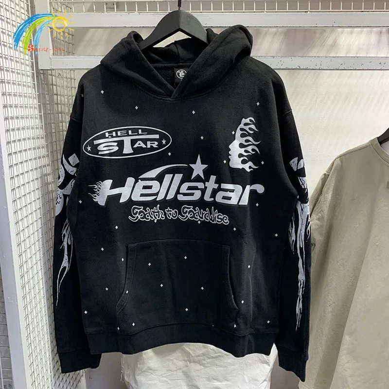 

Spot Full Print Vintage Washed Black Hellstar Hoodie Men Women 1:1 High Quality Classic Logo Sweatshirts Oversized Pullovers