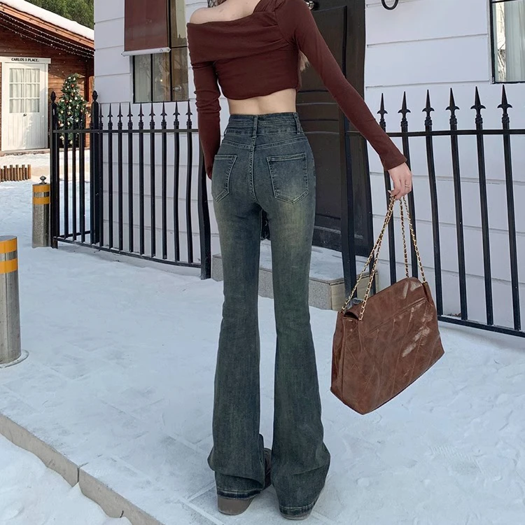 Cement gray micro flare jeans female spring new double-button high waist belly elastic tight thin horseshoe pants