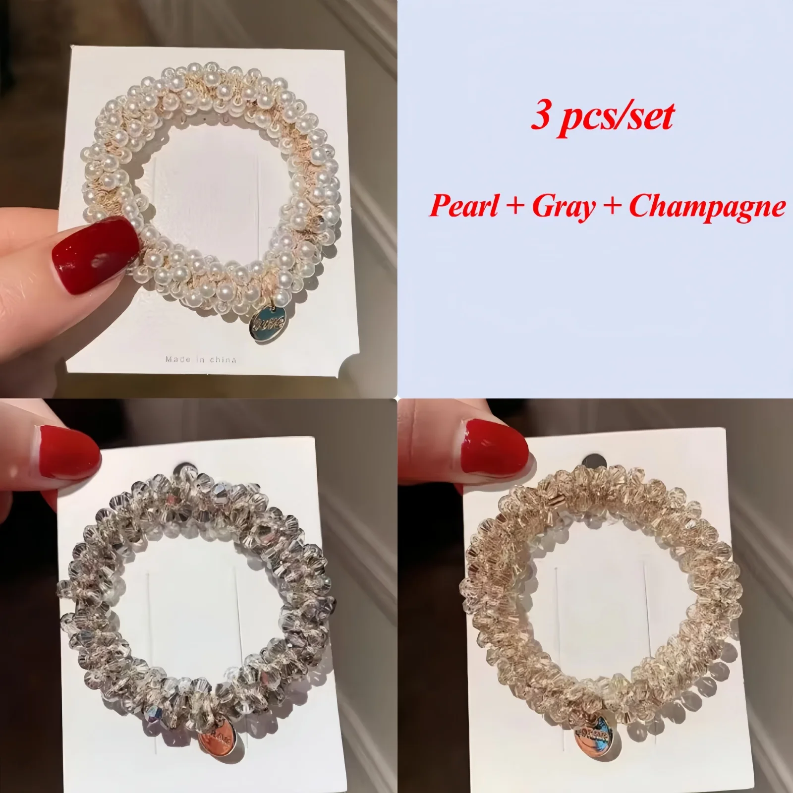 3pcs/set Crystal Pearl Beads Elastic Bands Scrunchies Hair Accessories Women Ponytail Holder Headwear