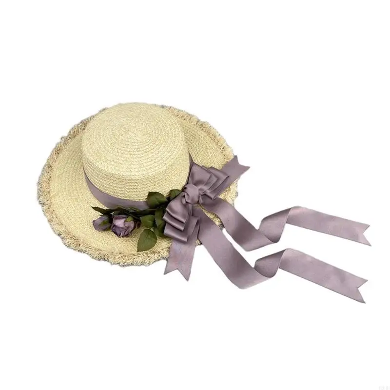 Handgewebte Stroh Sonnenhut für Frauen Dame Sunproof Sommer Strand Kappe Mädchen Vintage Kopfschmuck Fotografie Requisiten – Detail 9