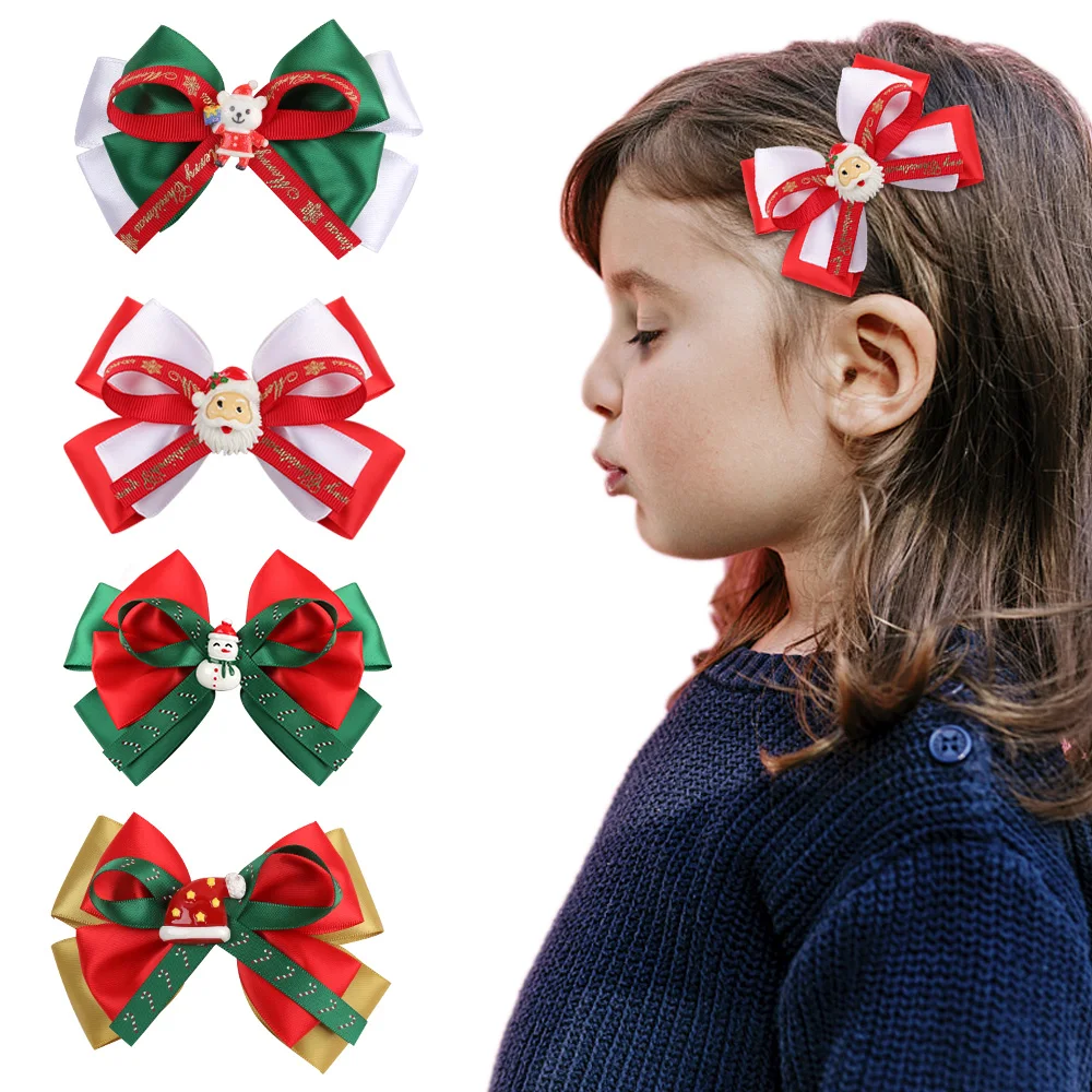 

ncmama Christmas Hairbows Hair Clip Solid Ribbon Bows Hairpins with Accessories Headwear Girl Hair Accessoires 12x7cm 11g 1pc