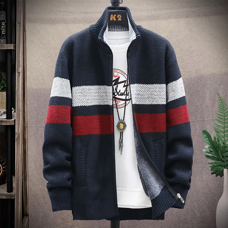 

Men's Winter Sweater Thick Fleece Warm Korean Popular Clothes Casual Stand Collar Zipper Cardigan Fashion Striped Coat