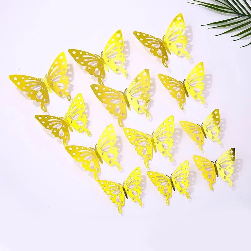 12Pcs 3D Hollow Butterfly Pet Plastic Laminated Paper Skeleton Butterfly Wall Sticker Background Home Decoration Event Wedding