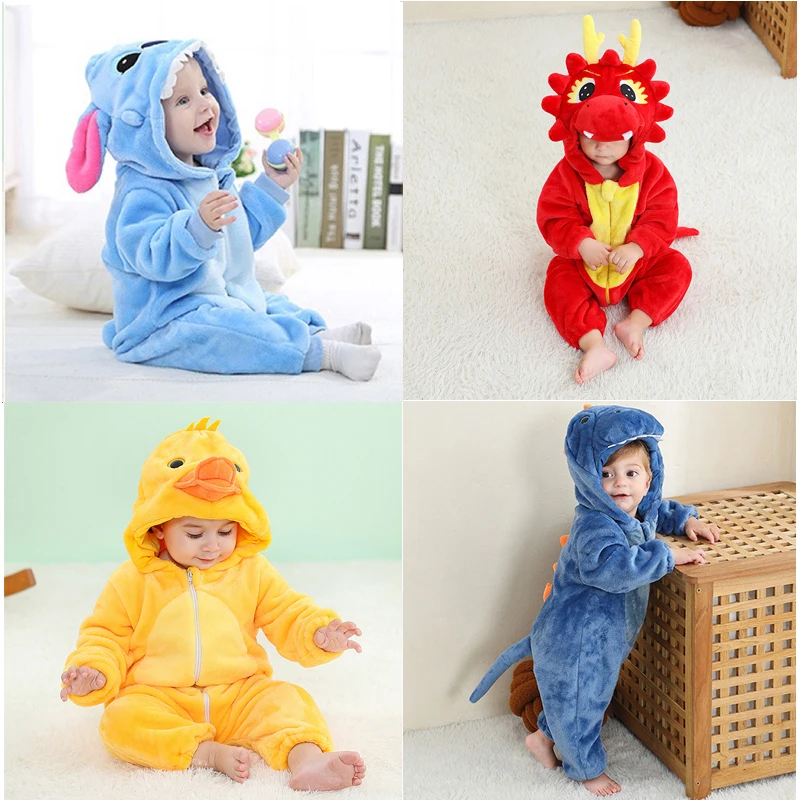 Baby Rompers Winter Costume Flannel Hooded Jumpsuits Kids Jumpers Overall Cosplay Tiger Lion Rabbit Duck Dragon Panda Roupa Bebe