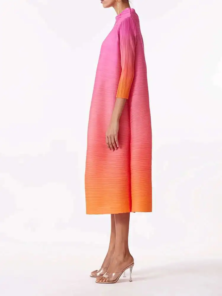LANMREM Fashion Pleated Dress Gradient Color Women Turtleneck Long Sleeves Pink Orange Dresses Female Clothing 2024 New 2YA773b - Image 6