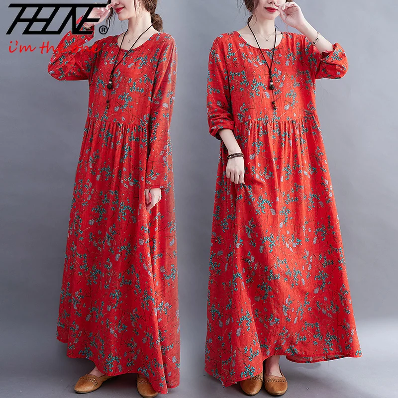 

Dresses for Women Autumn Winter Cotton Linen Vintage Long Sleeve Loose Bohemian A-line Print Vestidos De Mujer Robe Floral Maxi