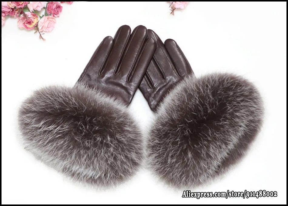 High-end Women's Colored Fox Fur Gloves Touch Screen Natural Leather Sheepskin Cycling Driving Winter Warm Plush Thick Mink Fur
