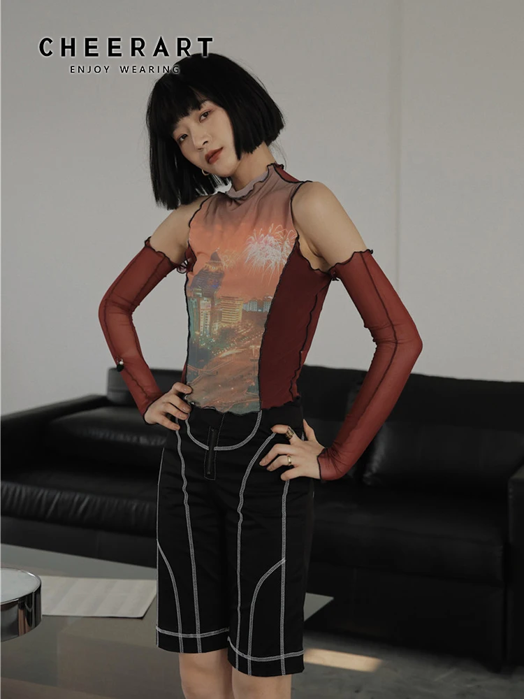 

Футболка женская сетчатая с воротником-хомутом, с рисунком ночной сцены, с открытыми плечами, прозрачная, красная, летняя, 2020