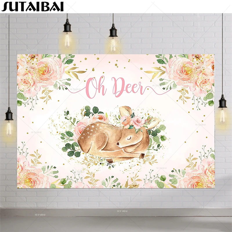 Woodland Baby Shower backdrop Girl, Deer Baby Shower backdrop floral