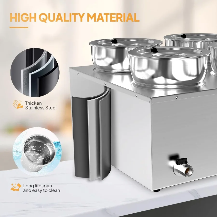 ROVSUN Electric Soup Warmer 30QT Commercial Food Warmer Steam Table Countertop Bain Marie with Four 7.4QT Pots 86185F Adjustabl