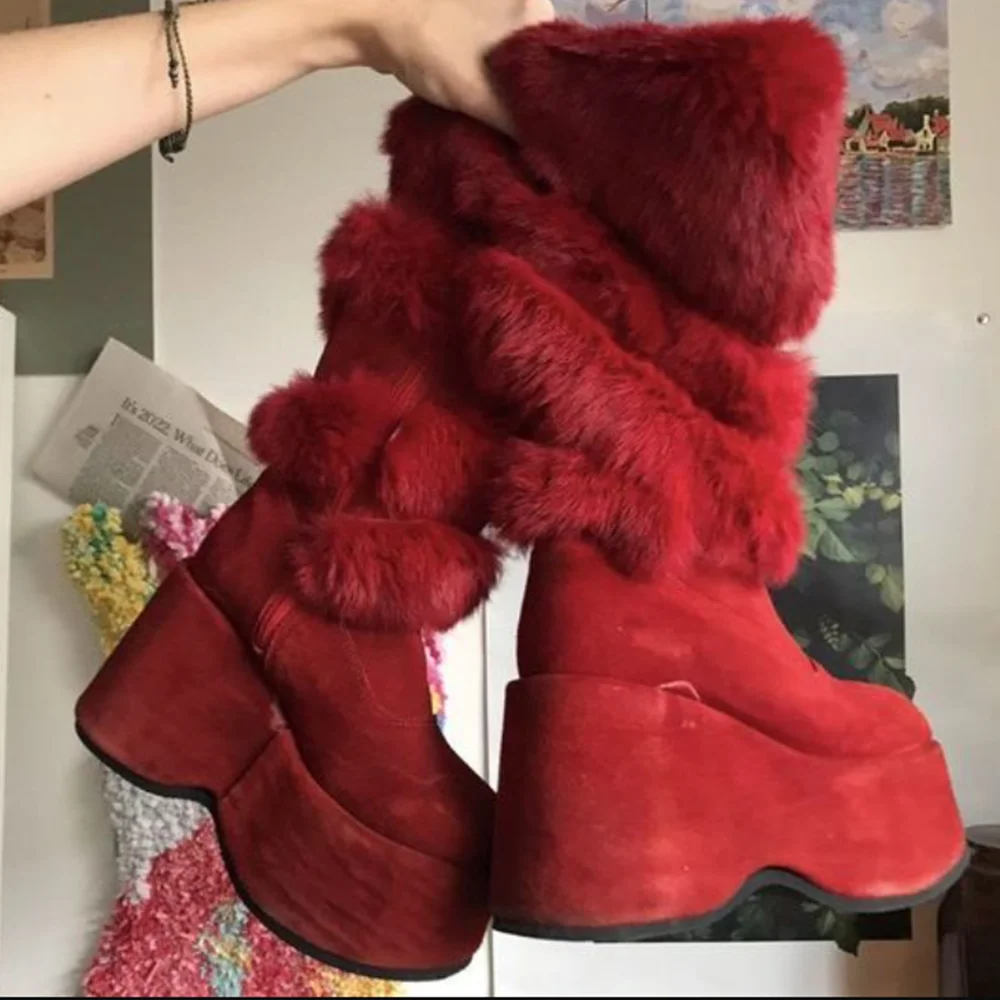 

Red Fur Decor Chunky Heel Boots Platform Round Toe Wedges High Heel Shoes for Women High Heel Fashion 2023 New Zapatillas Mujer