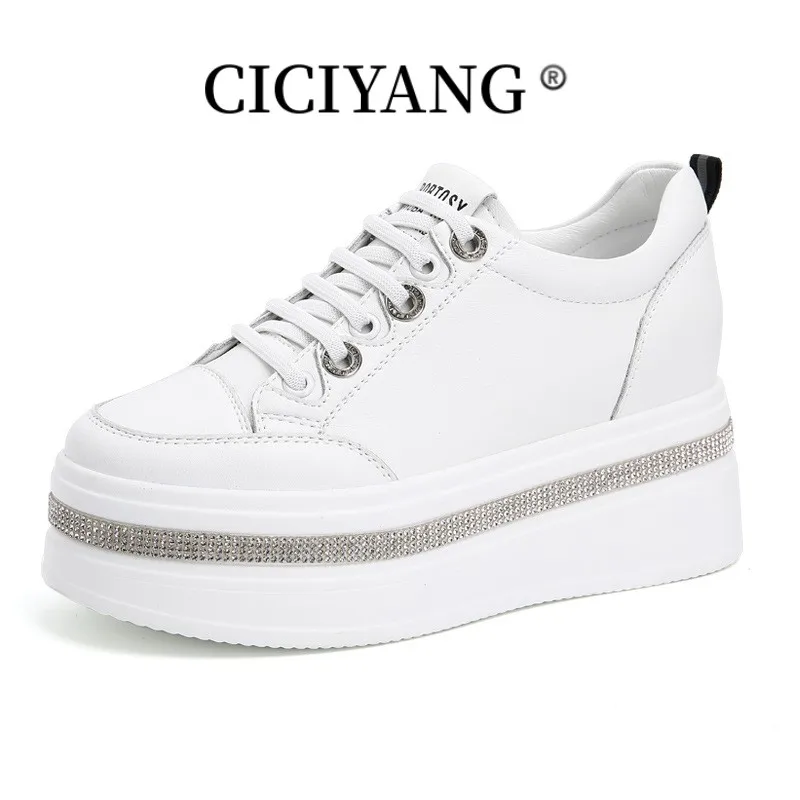 

CICIYANG Women Wedge Heel Casual Small White Shoes Genuine Leather 2023 Autumn New Ladies Lace-up Chunky Platform Board Shoes