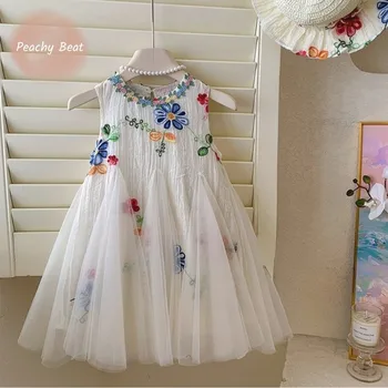 Abito da principessa per bambina con ricamo floreale Abito da bambino elegante con volant Vestido Festa di compleanno Abito estivo per bambini 1-12 anni