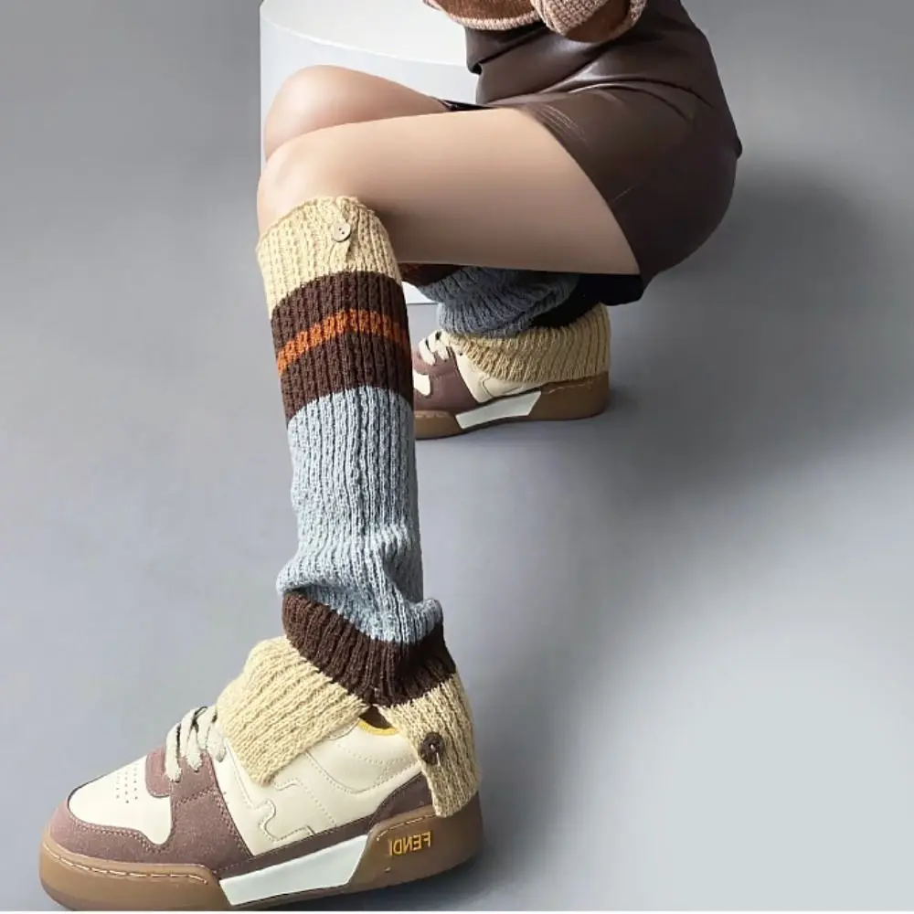 

Harajuku Japanese Fluffy Winter Mosaic Color Button Knit Foot Covers Sweet Leg Covers Foot Warm Socks Women Leg Warmers