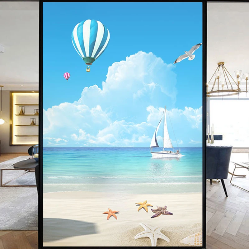 3D Scenery Windows Film Home Decor Summer Ocean Beach Stained Door Glass Stickers Shading Electrostatic Frosted Films