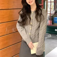 2024 Vintage Long Sleeve Cardigan Women Sweater O-neck Elegant Knitted Top Fashion Autumn Grey Knitwear - Image 4