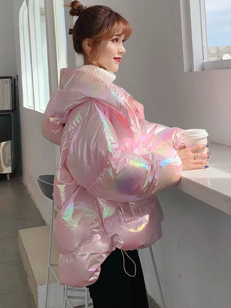 

Женская куртка с цветной глянцевой поверхностью, хлопковое пальто с капюшоном, зимняя корейская мода, утепленные парки, женская одежда, Свободные Теплые Топы