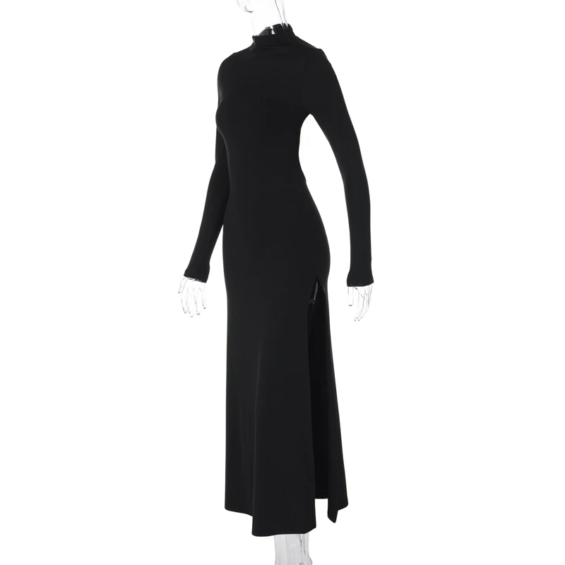 Elegant Basic Long Sleeve Solid Hole Backless Slit Split Women'S Dresses Party Club Evening Wholesale Winter Clothes
