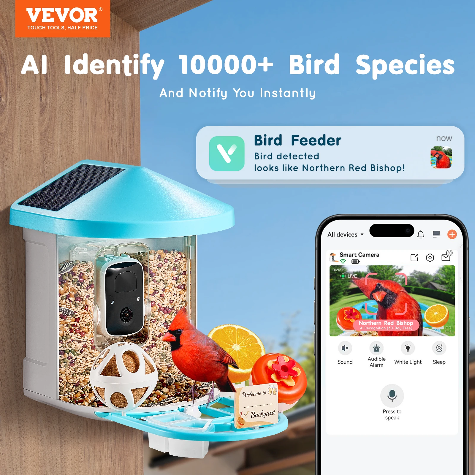 VEVOR Smart Bird Feeder with Camera 2K HD AI Identify 10000+ Bird Species Solar-Powered Watching Camera with Auto Capture