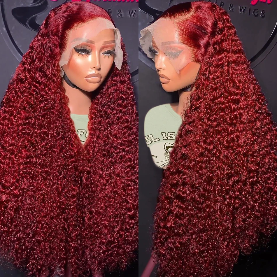220% Red Colored Deep Wave Lace Frontal Wig Brazlian 30 34 Inch 99J Burgundy Curly 13x4 Lace Front Wigs Human Hair For Women