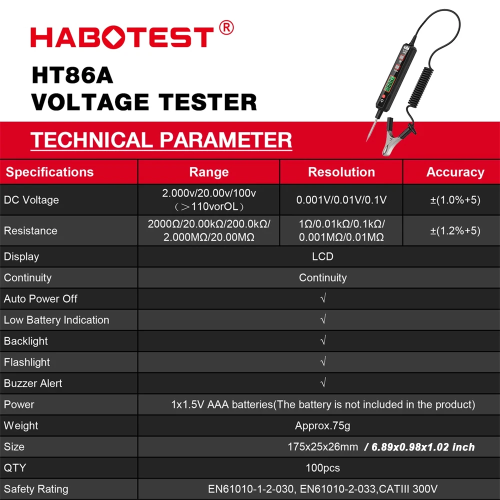 HABOTEST HT86A 전압 테스터 자동차 전압 감지기 펜 자동차 고장 퓨즈 회로 테스터 차량 진단 도구 볼트 프로브