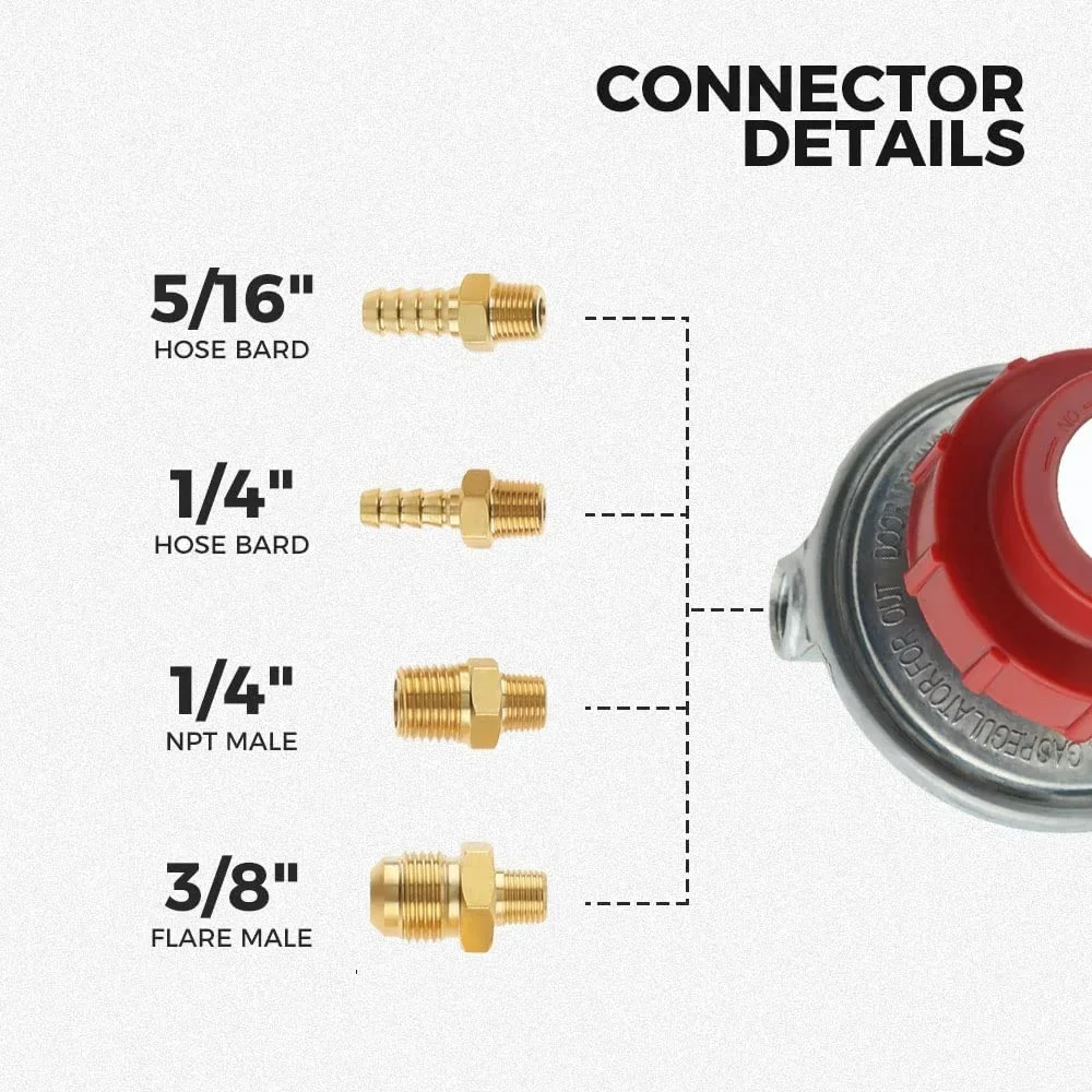 Adjustable 0-20PSI POL High Pressure Propane Regulator Valve LP Tank 5/16"&1/4" Hose Barb Brass Connect 1/4" NPT& 3/8" Flare propane connector adapter
