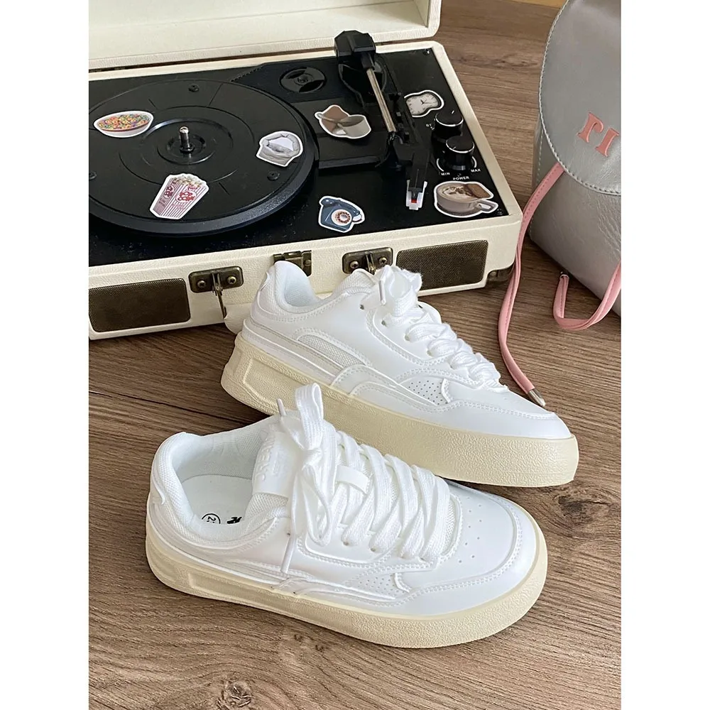 Spring Lace-up Leather Women Casual Shoes Thick Sole Flat Bottom Mixed Colors Comfortable/Breathable Women Sports Shoes 24-151