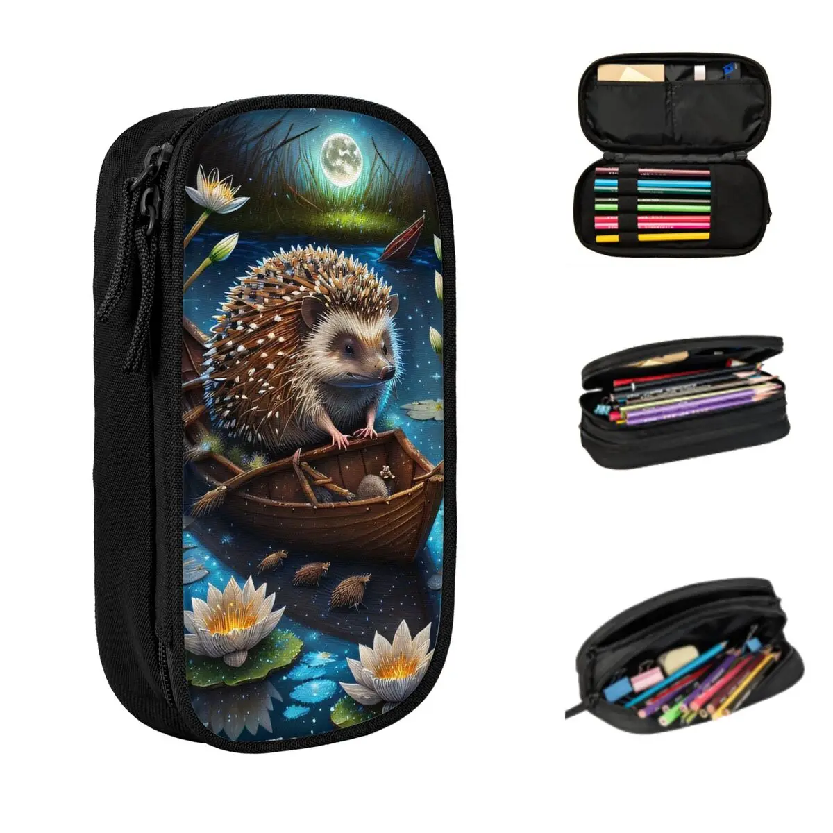 나뭇잎 보트 위의 고슴도치 학생용 연필 케이스 학교 펜 박스 연필 가방 문구 용품 펜 홀더 가방